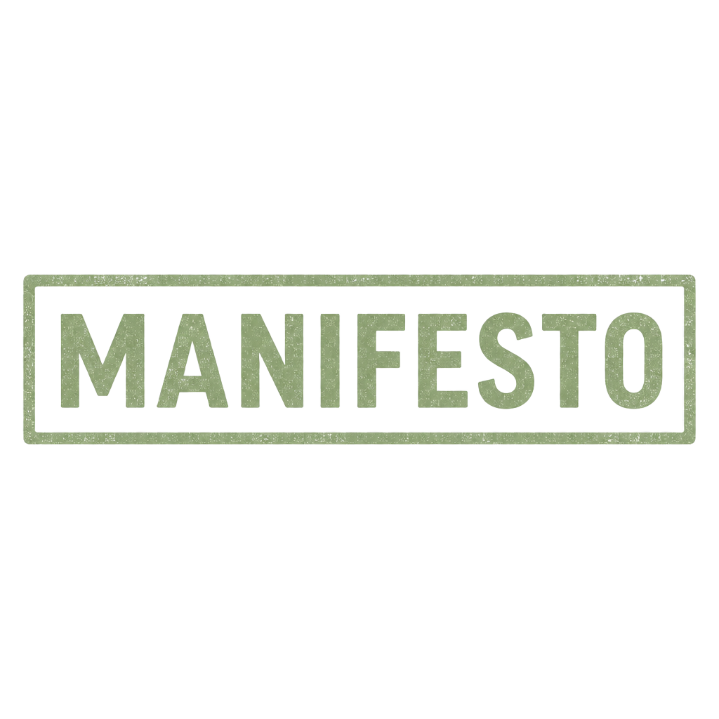 A worn sage green rubber stamp reading MANIFESTO